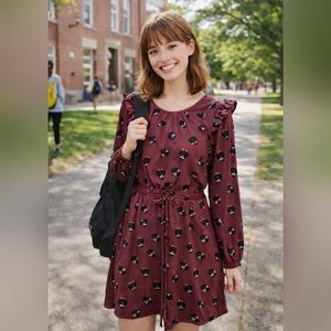 Peach Love Owl Print Ruffled Dress  Cottagecore Woodland Unsized See Measurement